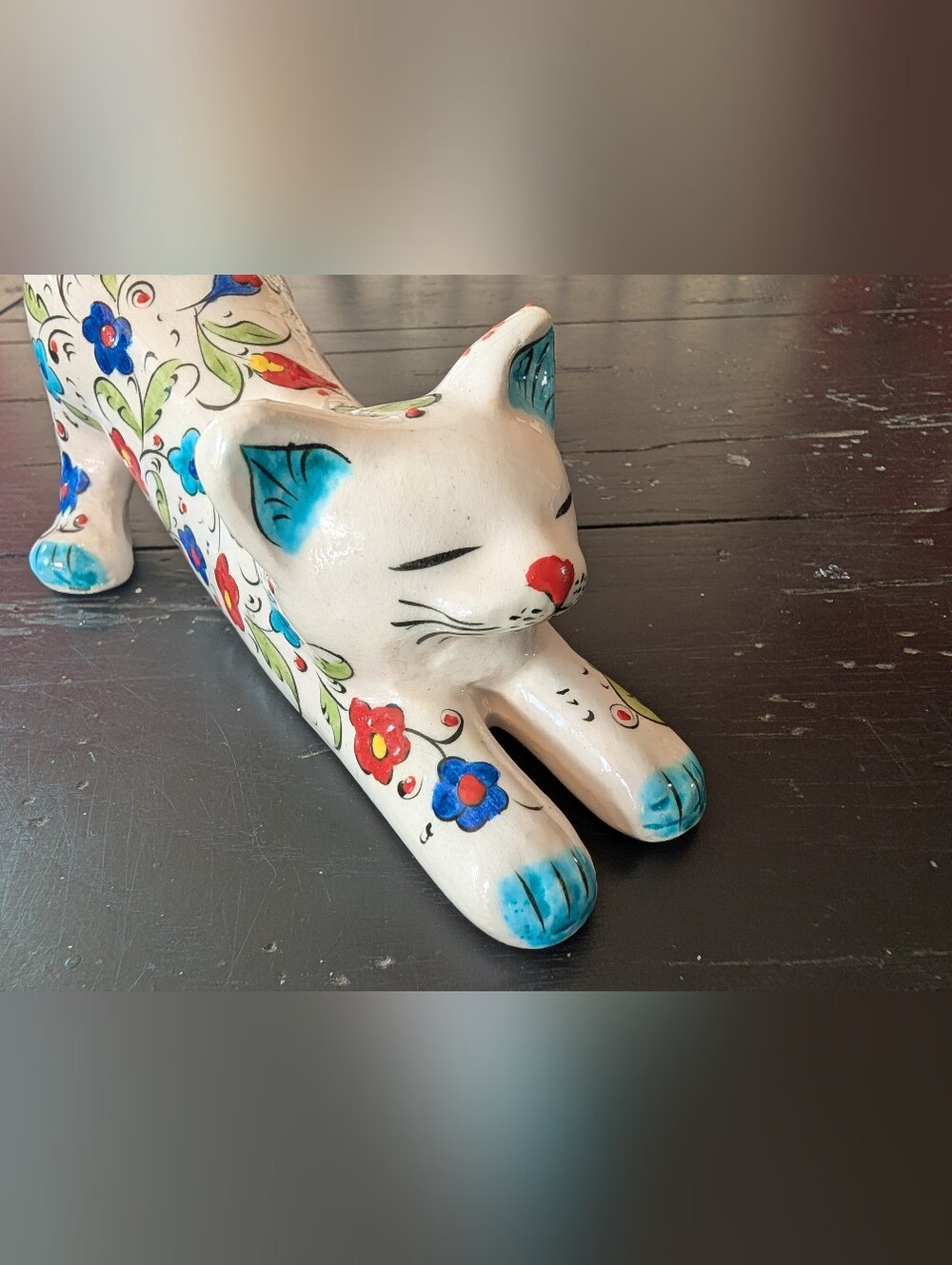 Artisan Hand-painted Modern Turkish Iznik-Style Ceramic Cat Floral Figurine